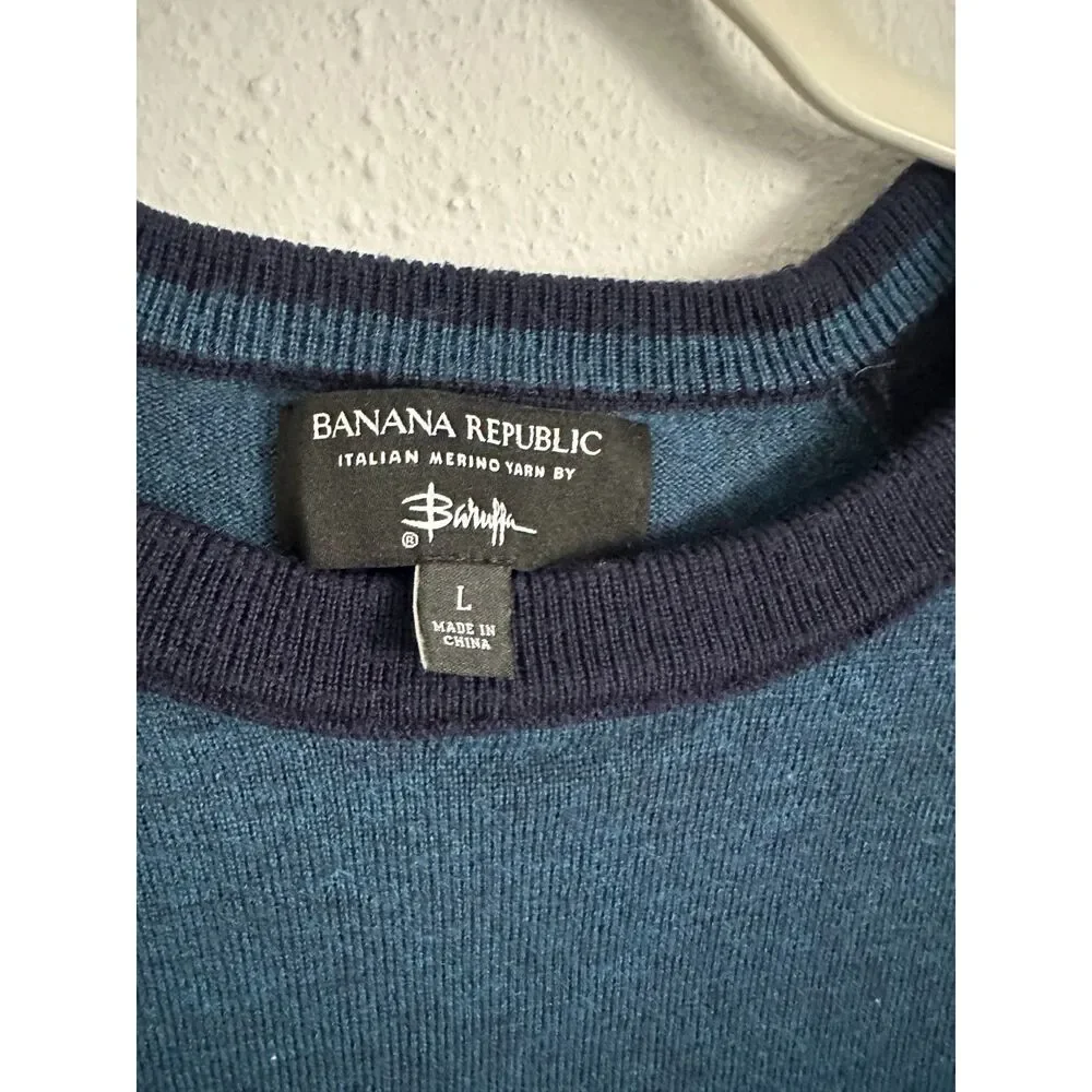Banana Republic 100% Italian Merino Wool Sweater Mens L Blue Colorblock Crewneck